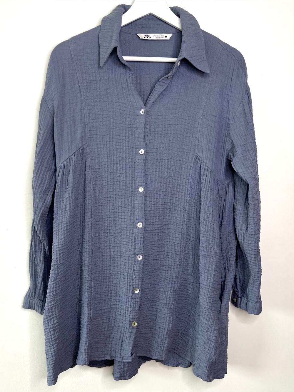 Zara Slate Blue Gauze Button-Down Tunic Dress Size XS
